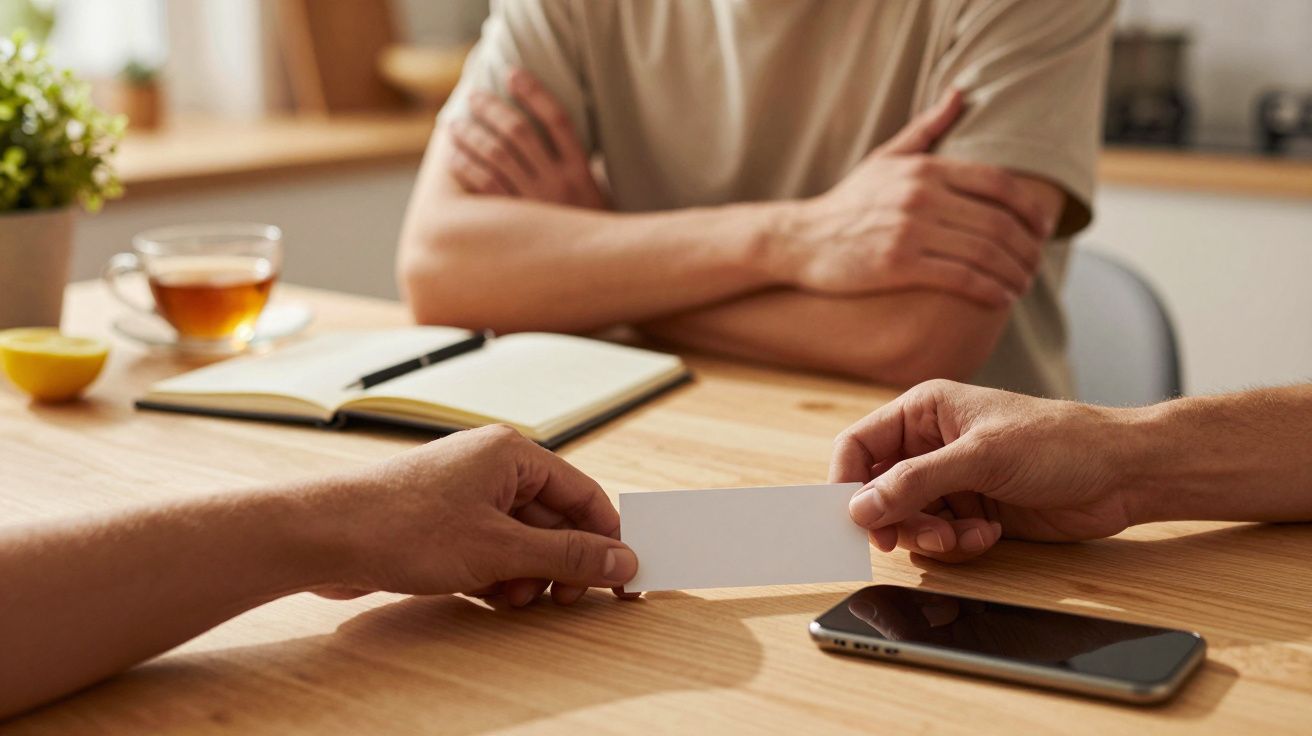 Zwei Hände reichen sich eine Visitenkarte über einem Tisch mit Smartphone, Notizbuch und Teetasse.