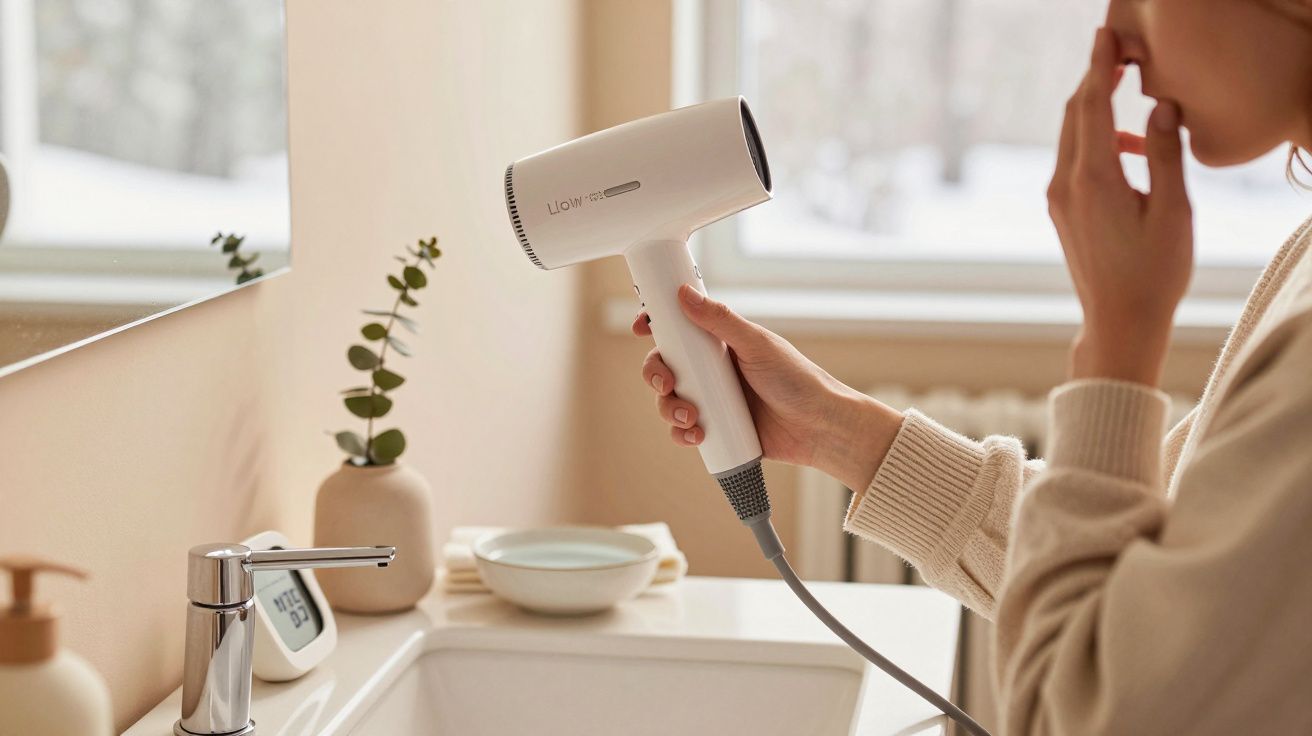 Person hält weißen Haartrockner im Badezimmer, neben Waschbecken mit digitaler Uhr und Pflanzen im Hintergrund.