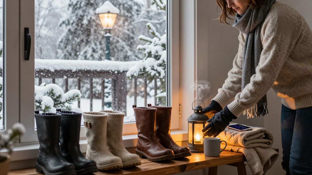 Eine Person stellt eine Laterne auf ein Fensterbrett mit Winterstiefeln, während es draußen schneit.
