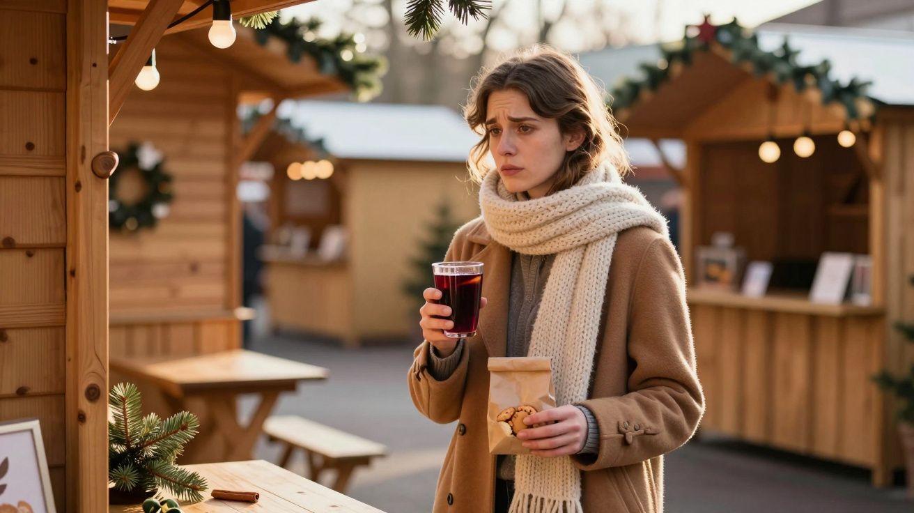 Frau mit Schal hält Glühwein und Gebäck auf einem Weihnachtsmarkt. Im Hintergrund sind Holzstände zu sehen.