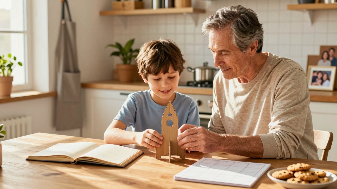 Älterer Mann und Junge bauen gemeinsam ein Modell einer Rakete am Küchentisch.