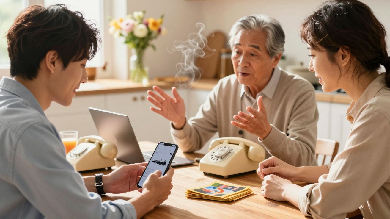 Drei Personen sitzen am Tisch in einer Küche, diskutieren lebhaft, während eine Person ein Smartphone hält.
