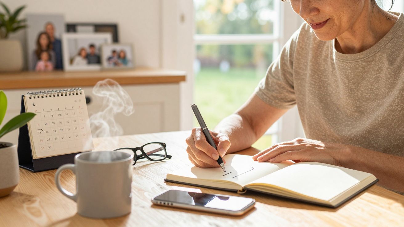 Frau schreibt in ein Notizbuch auf einem Holztisch mit Kalender, Brille, Kaffeetasse und Handy bei Tageslicht.