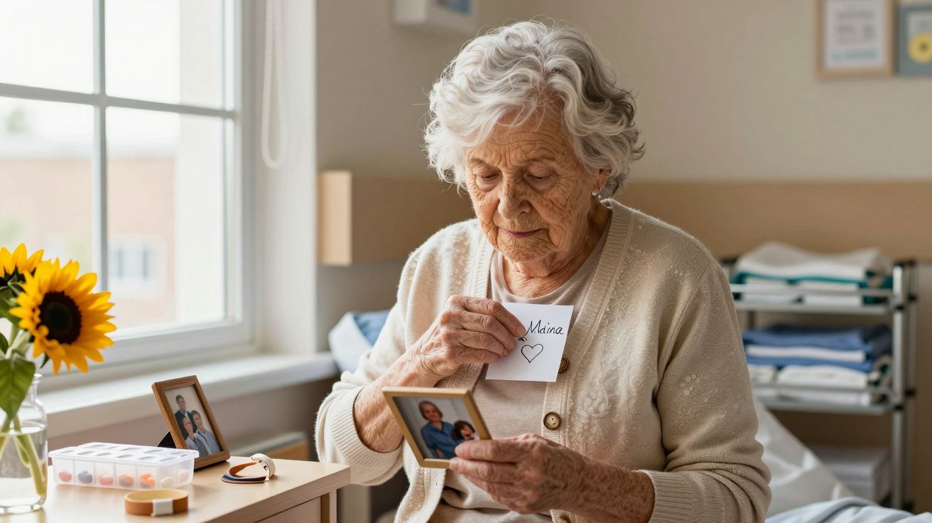 Ältere Frau im Wohnzimmer hält Fotos, Sonnenblume auf dem Tisch, Tageslicht strömt durch das Fenster.