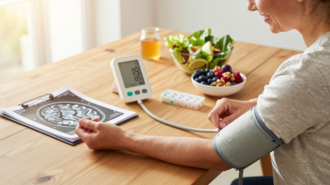 Frau misst Blutdruck am Tisch mit Obst, Saft und MRT-Bild; neben ihr Blister für Medikamente.