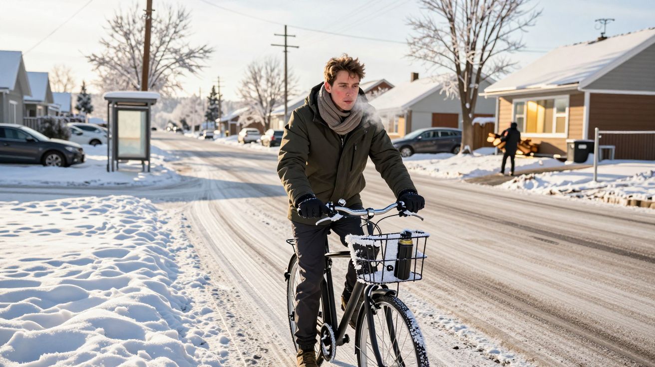 Ein Mann fährt im Winter mit einem Fahrrad durch eine verschneite Nachbarschaft; Straßen sind schneebedeckt.
