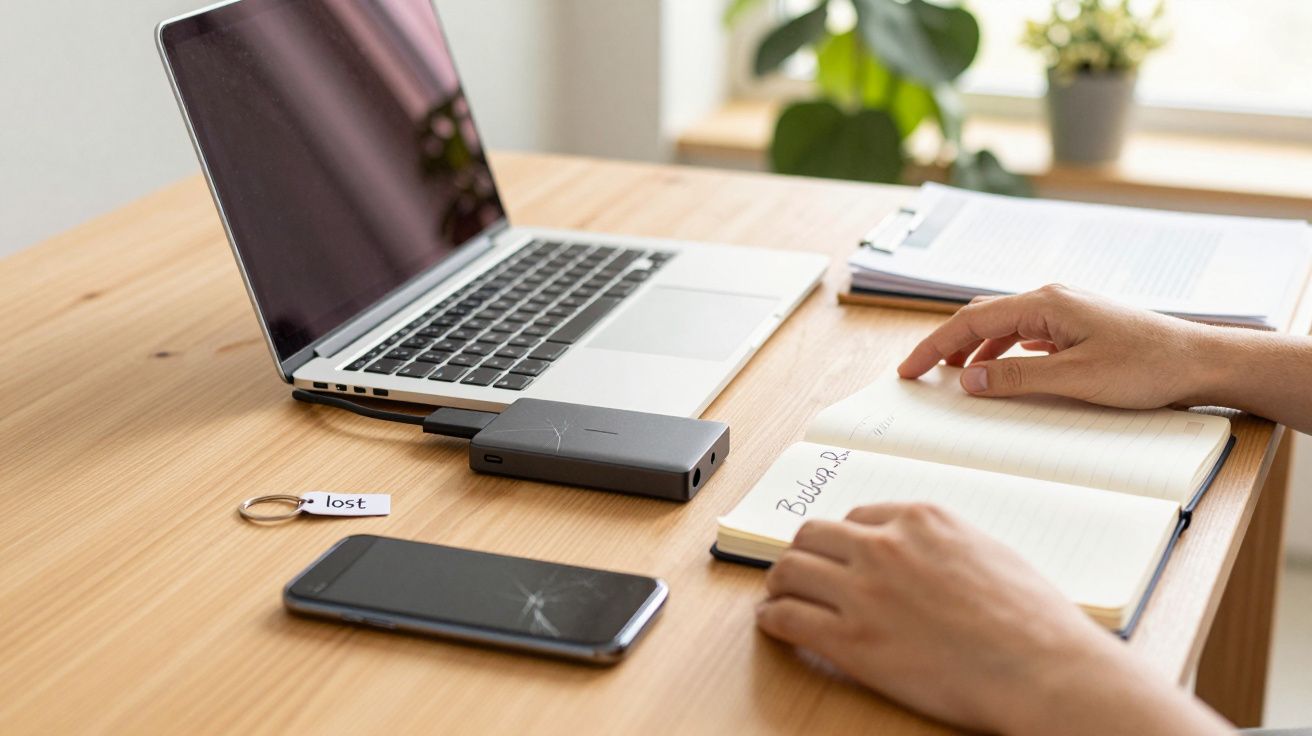 Laptop und Smartphone auf einem Tisch, daneben eine Hand, die in ein Notizbuch schreibt, mit Pflanzen im Hintergrund.