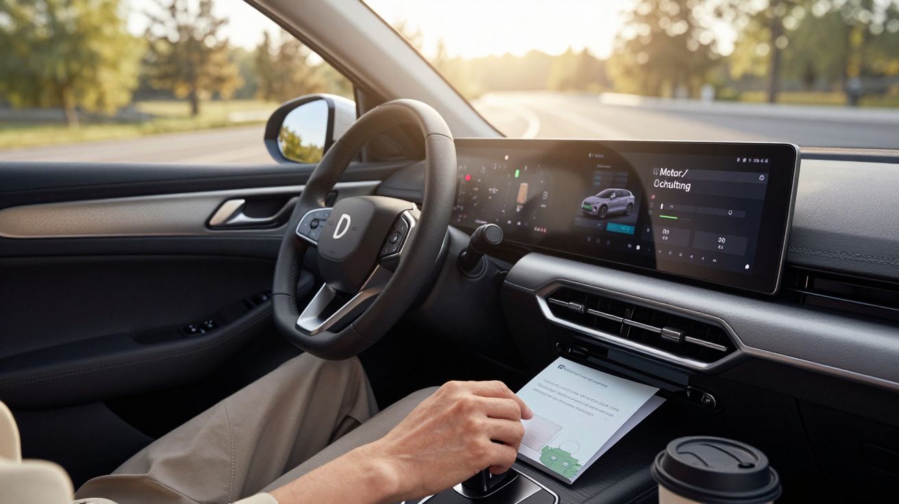 Person steuert Auto mit digitalem Armaturenbrett und Touchscreen, Becher im Getränkehalter.
