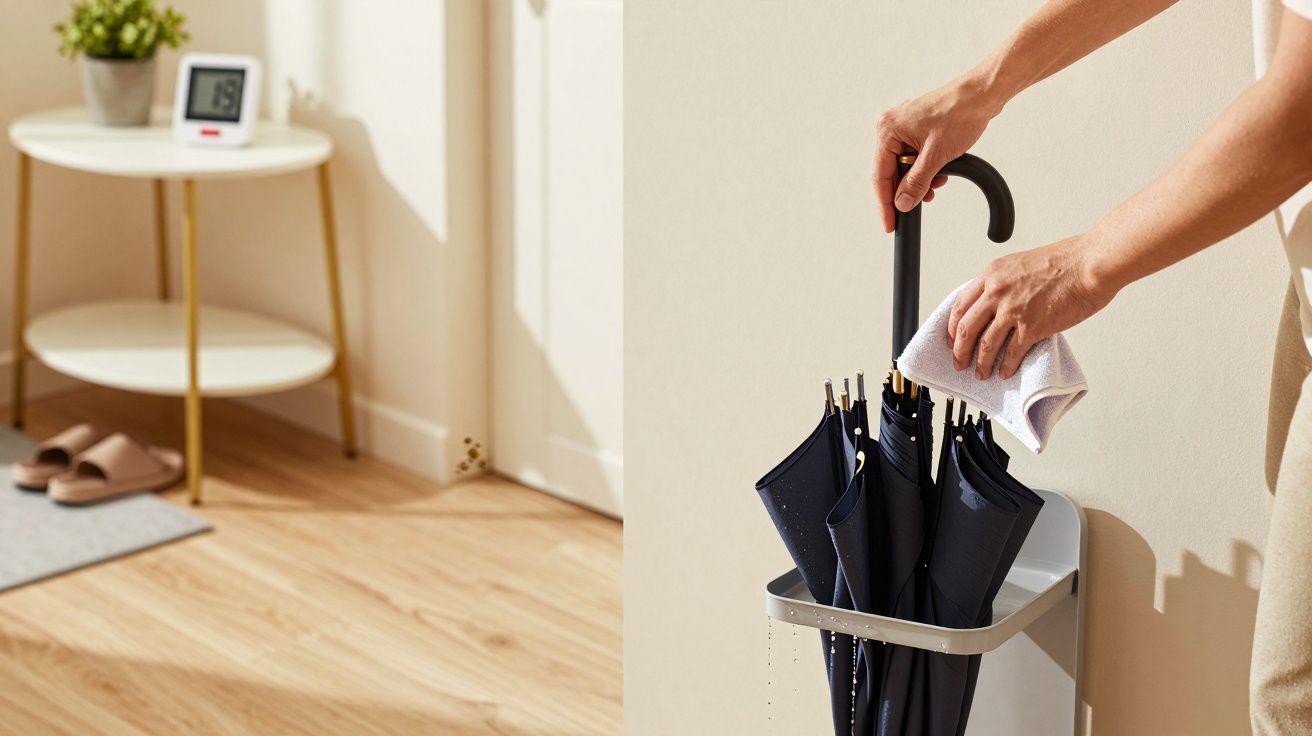 Person legt Regenschirm in Ständer, daneben Tisch mit Pflanze und Uhr auf Holzfußboden in hellem Raum.