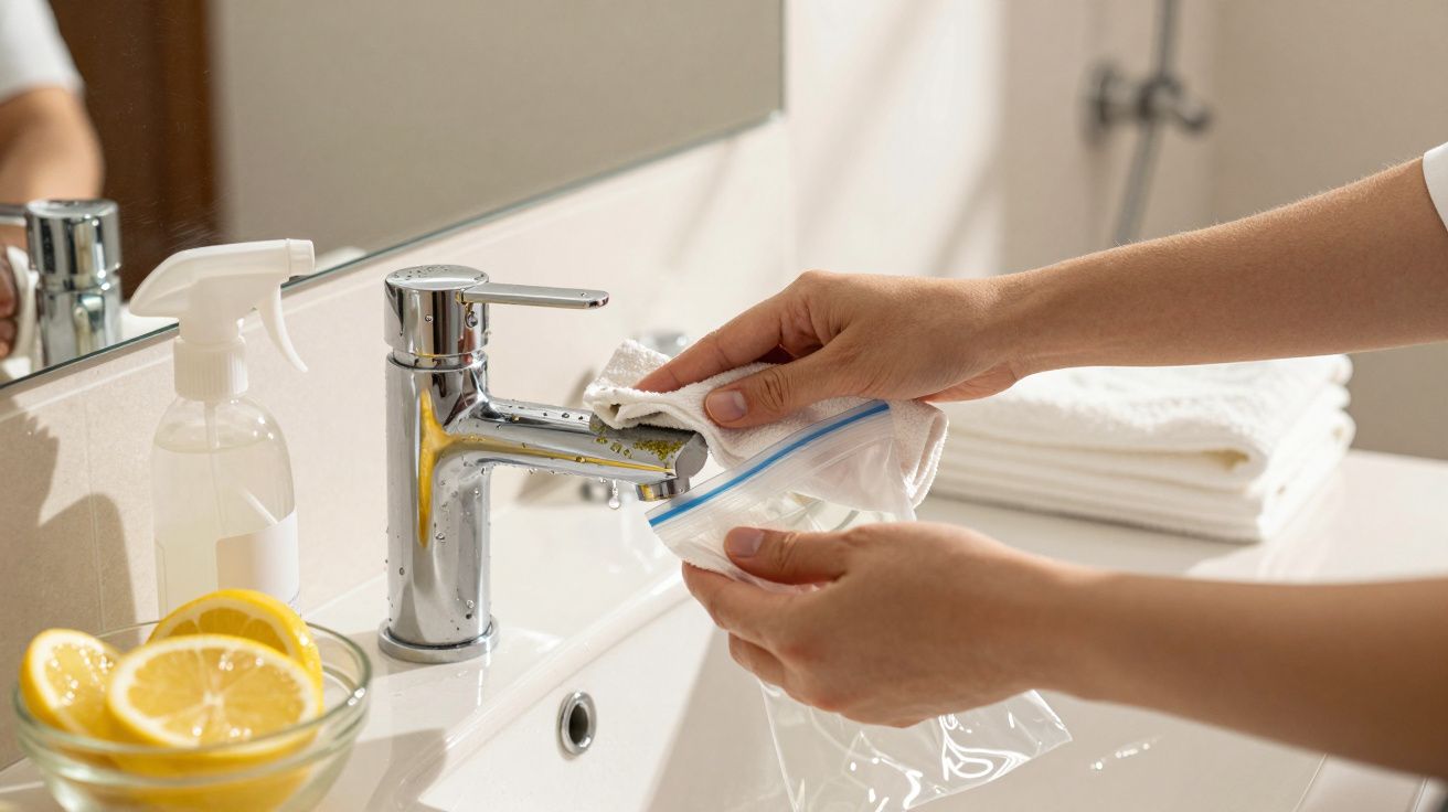 Eine Person reinigt einen Wasserhahn im Badezimmer mit einem Tuch; daneben Zitrone, Sprayflasche und Handtücher.