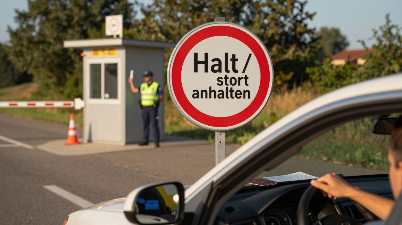 Auto hält vor Schild mit "Halt / stort anhalten" an einer Kontrollstelle, Polizist hebt Hand zur Straße.
