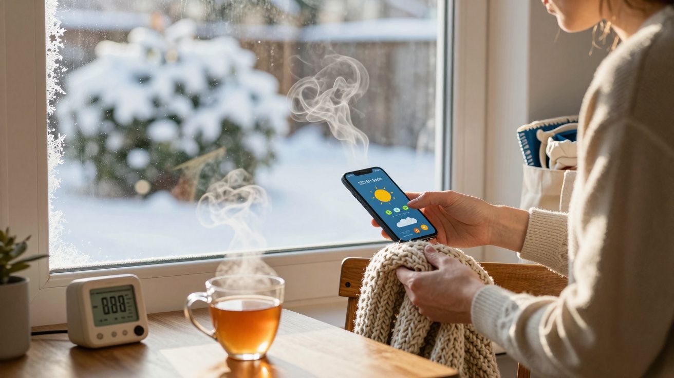 Person sitzt am Fenster mit Smartphone, Tee und Strickware; draußen verschneite Landschaft sichtbar.