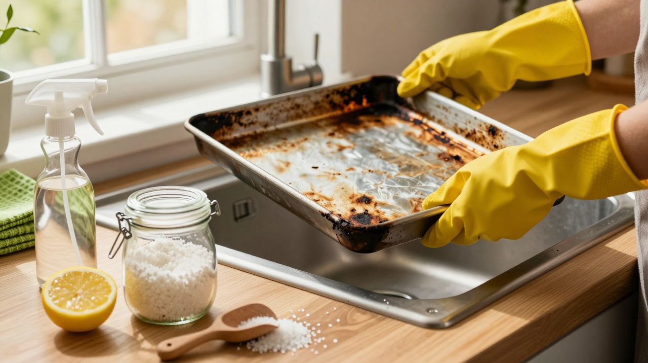 Person mit gelben Handschuhen reinigt ein verkrustetes Backblech mit Natron neben einer Zitrone und Sprühflasche.