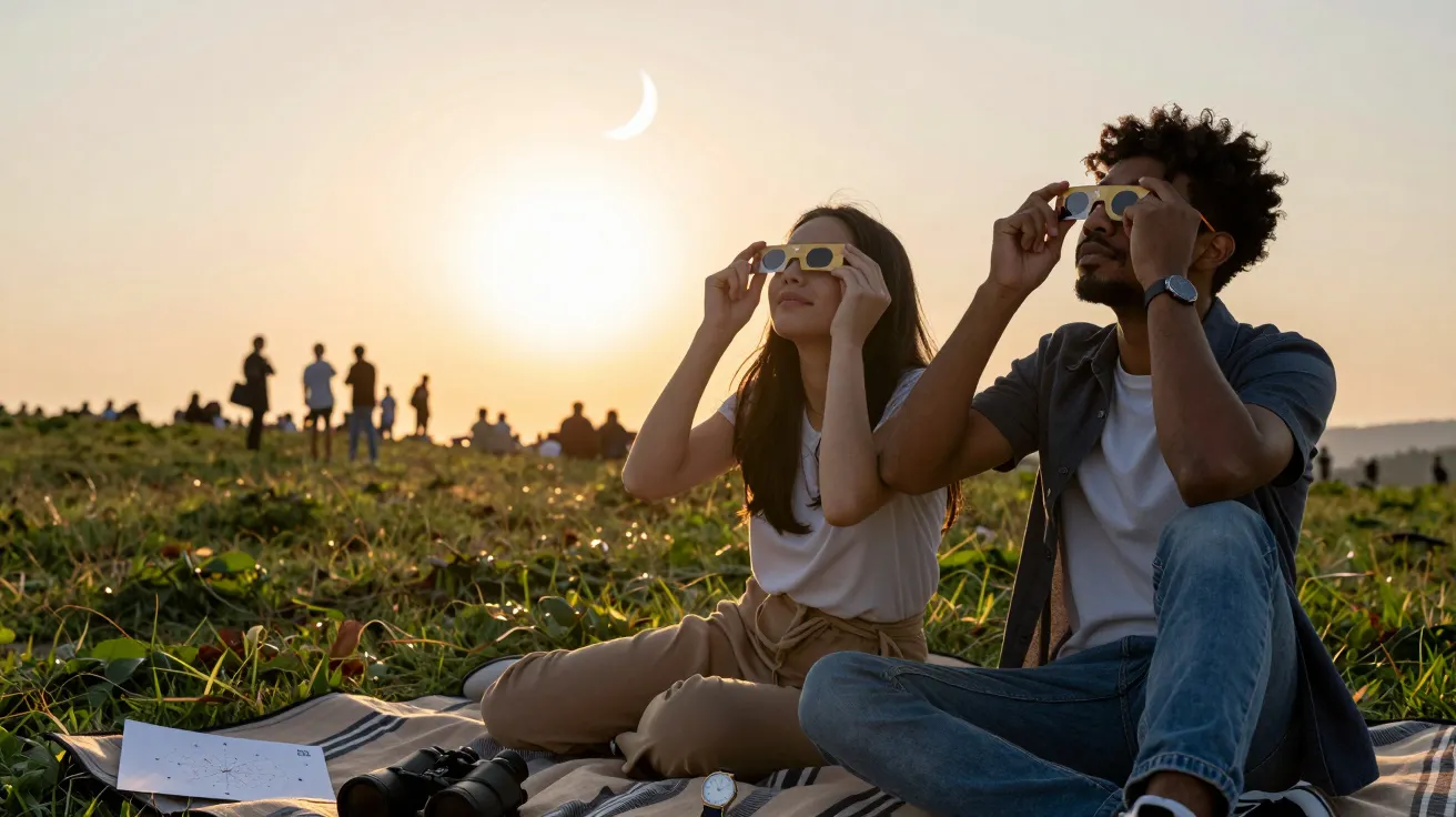 Paar auf Decke betrachtet Sonnenfinsternis durch Brillen, im Hintergrund stehende Menschen, Landschaft bei Sonnenuntergang.
