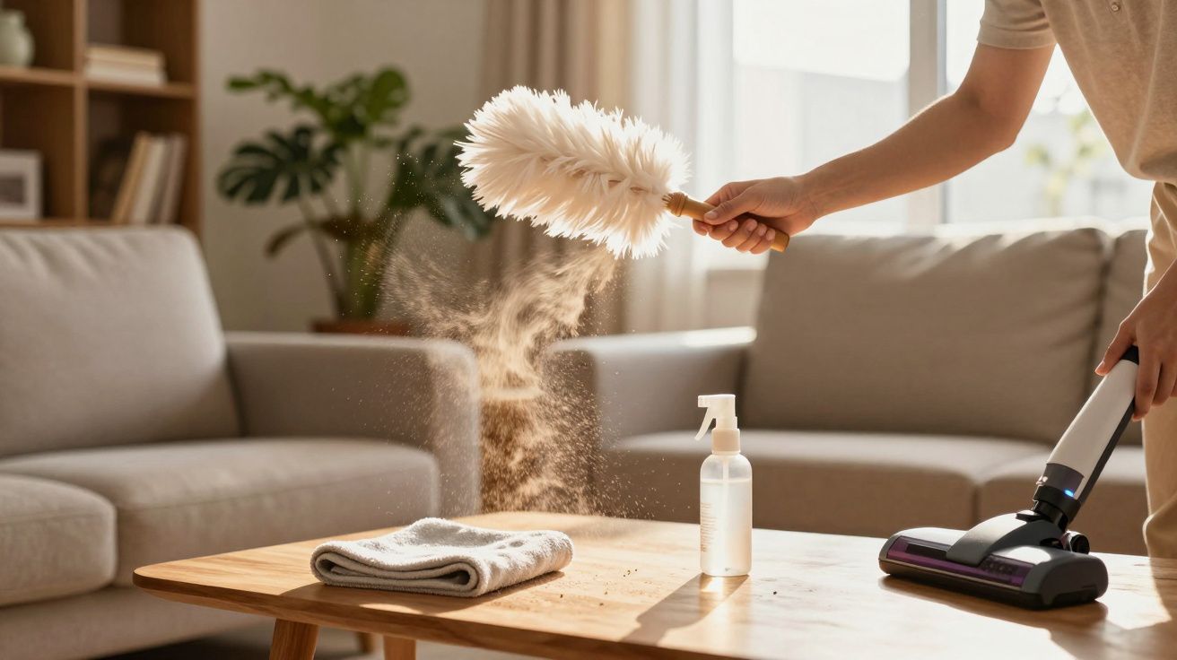 Person staubt mit Staubwedel und Staubsauger Tisch im Wohnzimmer ab, Staubpartikel fliegen in der Luft.