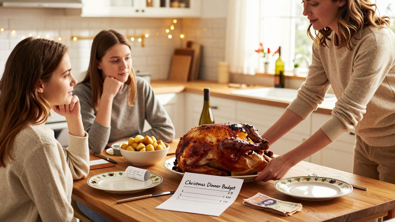 Frau serviert gebratenen Truthahn am Tisch, während zwei Frauen zuschauen; Weihnachtsessen-Budgetzettel liegt daneben.