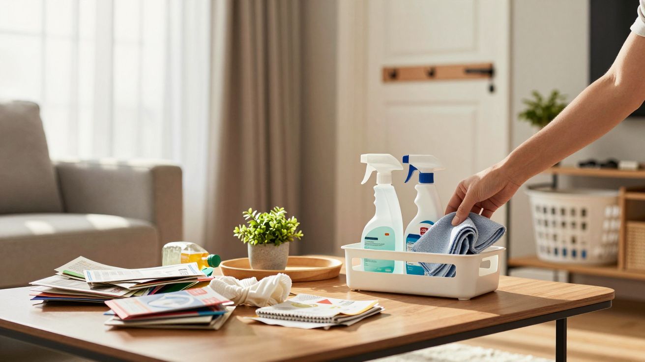 Person stellt Putzutensilien in einem Korb auf einen Tisch, neben Zeitschriften und einer kleinen Pflanze.