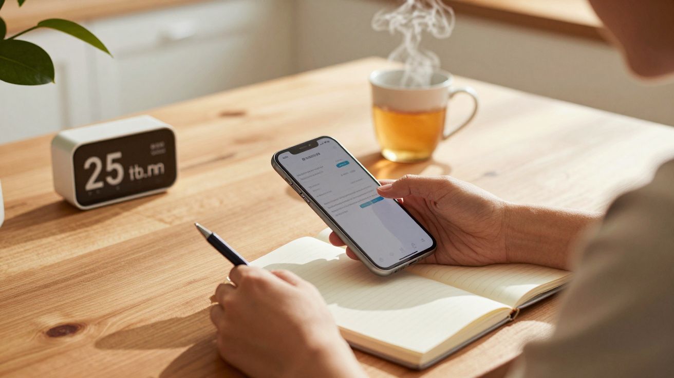 Person am Tisch mit Smartphone und Notizbuch, Tasse Tee und digitalem Kalender im Hintergrund.