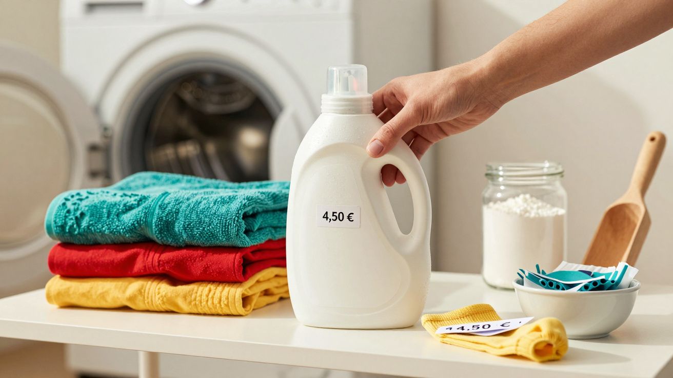 Hand greift nach Waschmittelbehälter auf Tisch mit gefalteten Handtüchern, Waschmaschine im Hintergrund.
