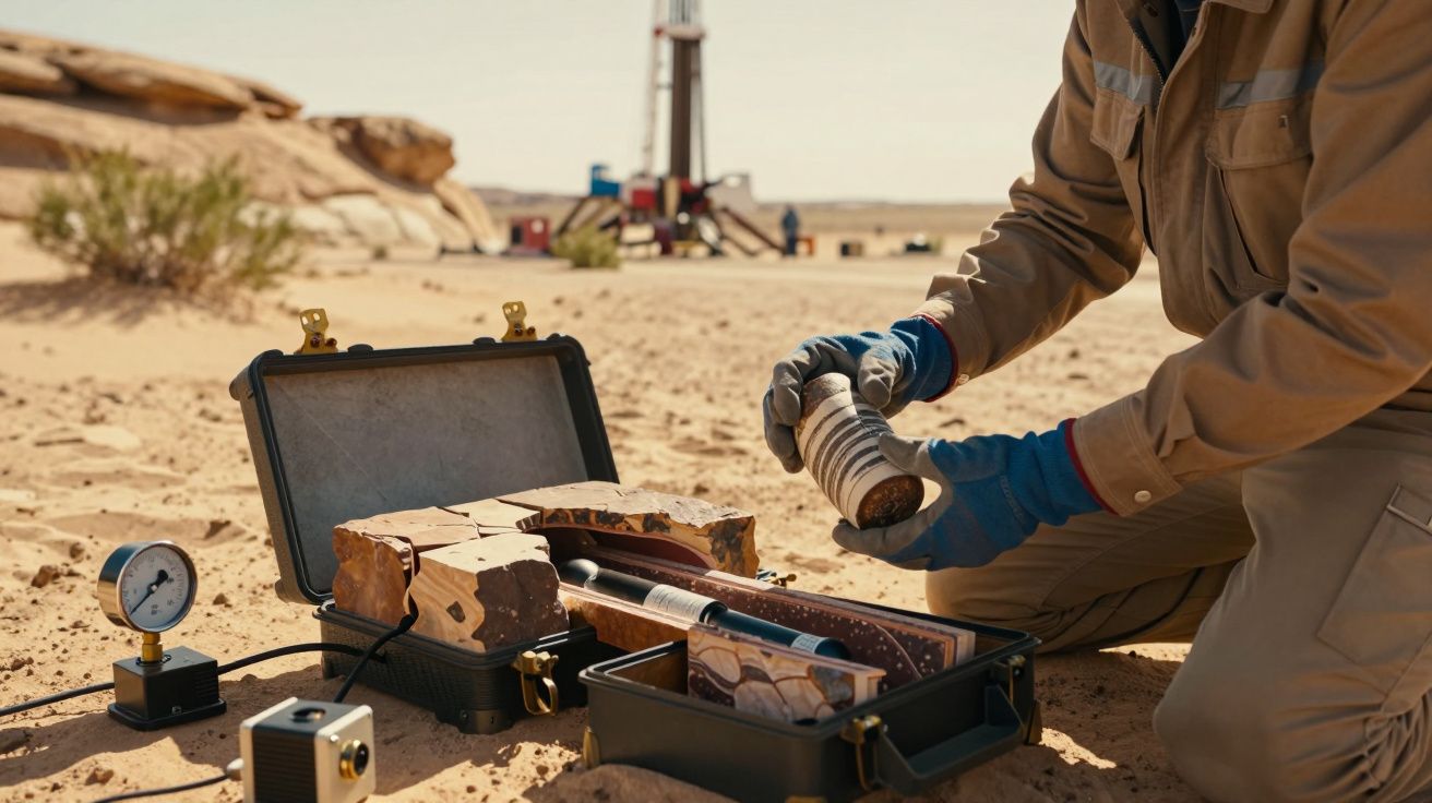 Person in Schutzkleidung untersucht Gesteinsproben in der Wüste, mit einem Bohrgerät im Hintergrund.