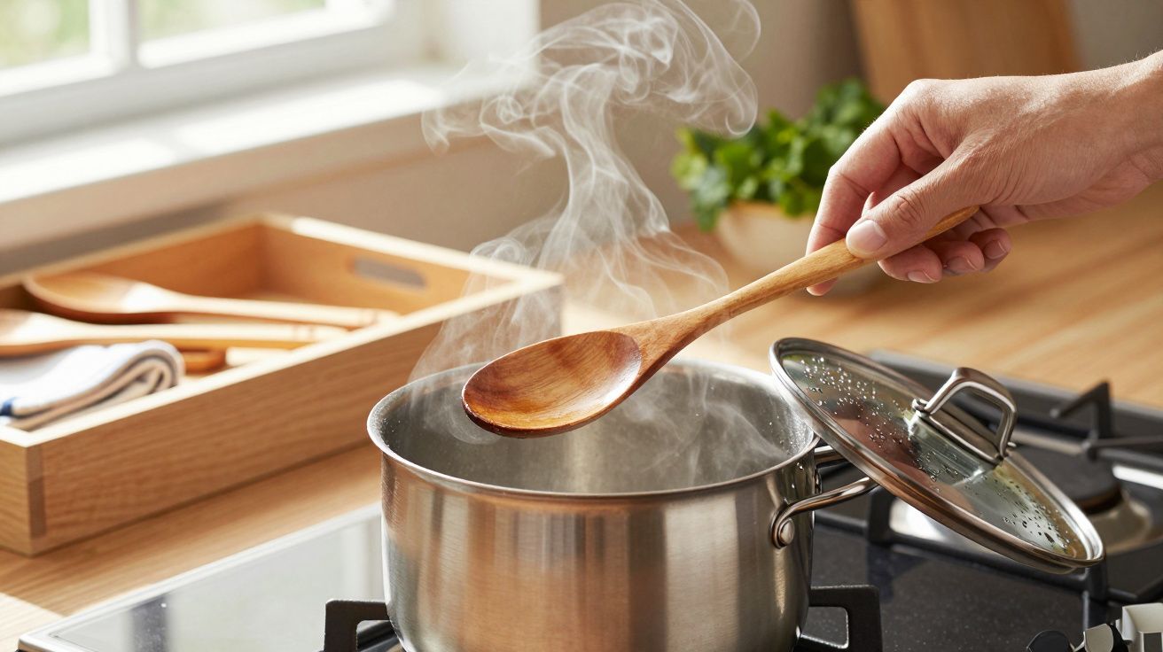 Hand hält Holzlöffel über dampfendem Kochtopf auf Herd in heller Küche.
