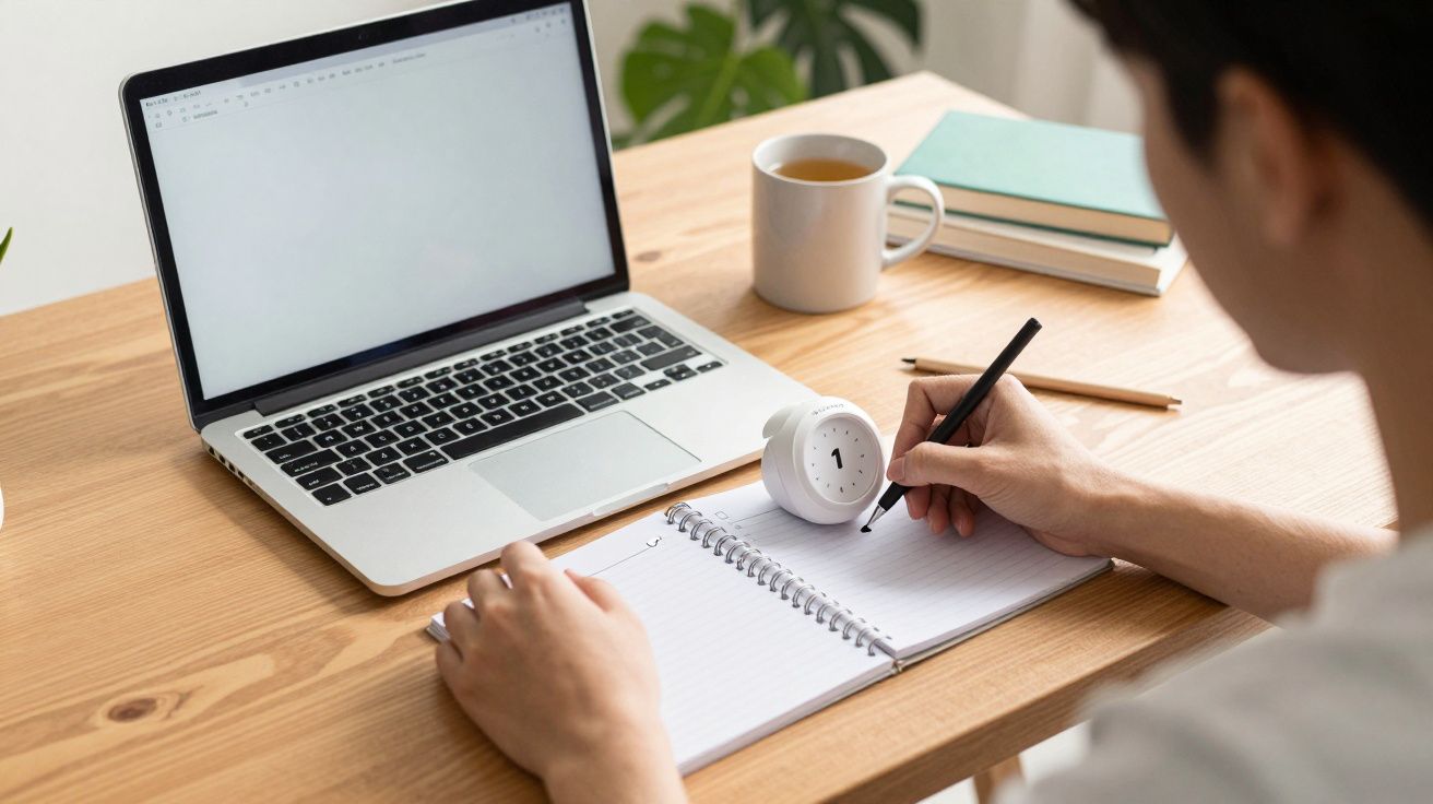 Person am Schreibtisch mit Laptop, Notizbuch und Wecker, schreibt mit einem Stift.