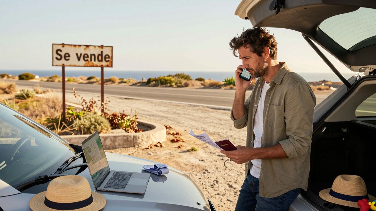 Mann telefoniert neben einem offenen Kofferraum an einer Küstenstraße, Laptop und Strohhut auf dem Auto, "Se vende"-Schild.