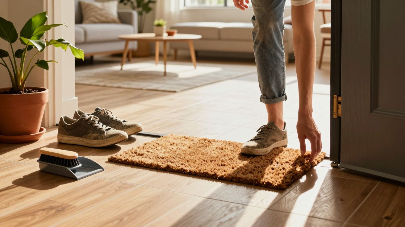 Person legt Fußmatte im sonnigen Eingangsbereich, Schuhe und Besen auf Holzboden, Topfpflanze und Sofa im Hintergrund.