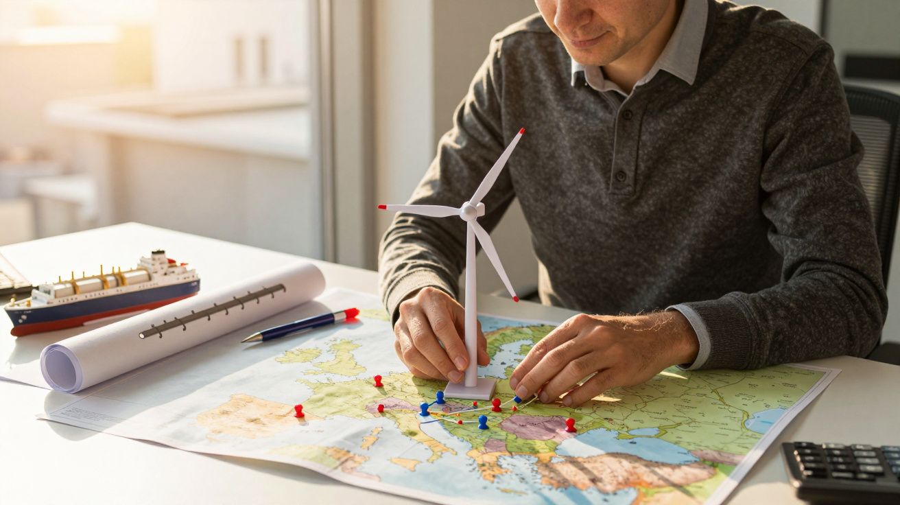Mann platziert Windradturm-Modell auf Karte von Europa, umgeben von Plänen und einem Schiffsmodell auf dem Schreibtisch.