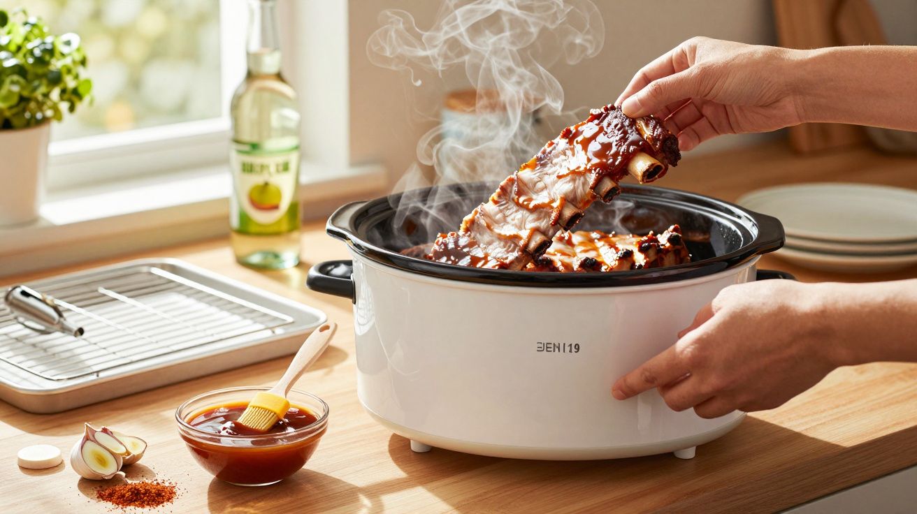 Eine Person hebt dampfende, glasierte Rippchen aus einem weißen Slow Cooker in einer sonnigen Küche.