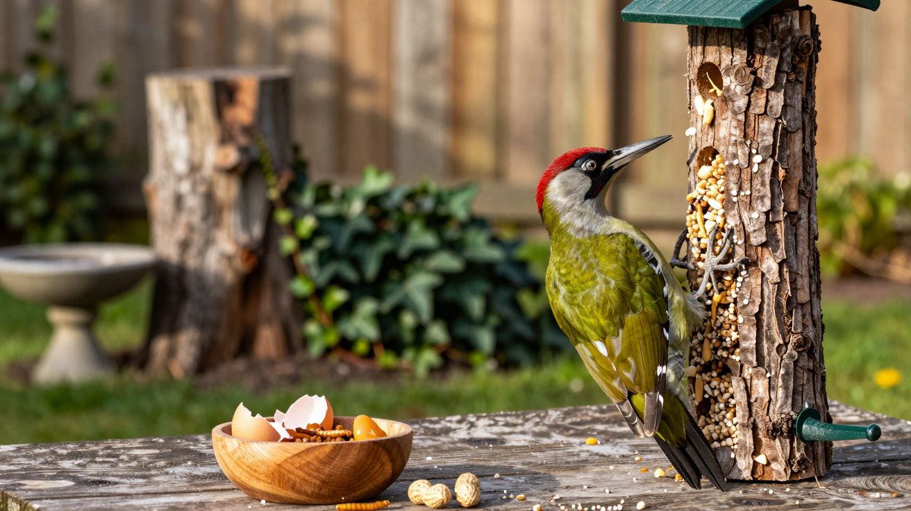 Ein Grünspecht frisst an einem Vogelhaus gefüllt mit Körnern im Garten, daneben steht eine Schale mit Eierschalen.
