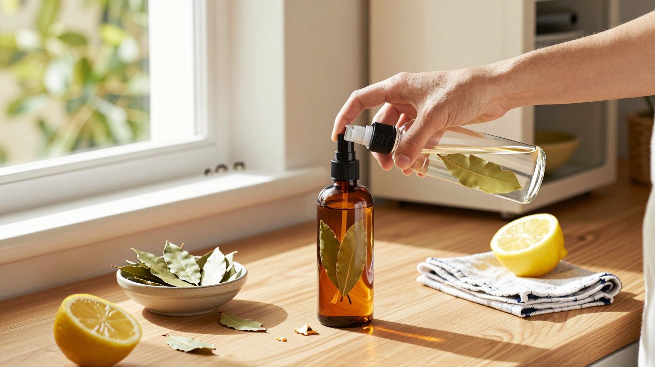 Hand sprüht flüssig aus tropffreier Glasflasche mit Lorbeerblatt neben Zitronenhälften und Napf mit Lorbeerblättern.