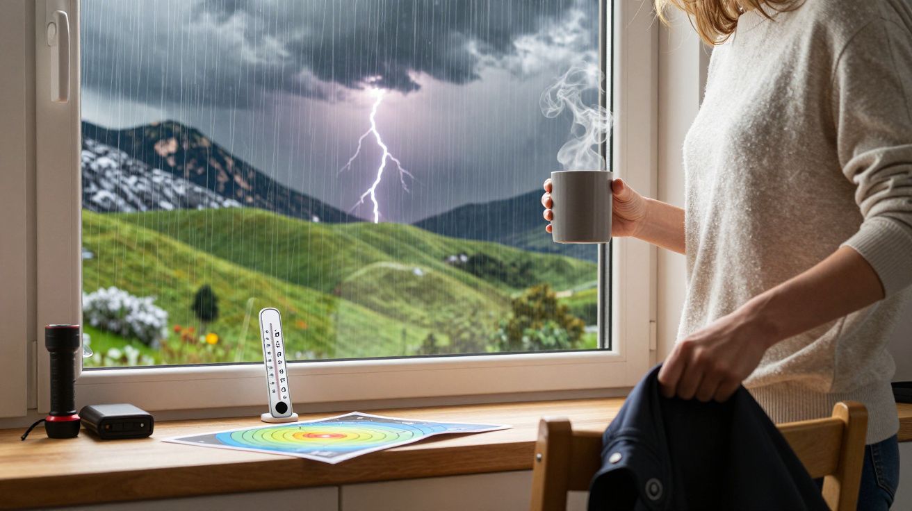 Frau mit Tasse betrachtet durch Fenster Gewitterlandschaft mit Blitz und Regen über grünen Hügeln, drinnen Taschenlampe und T