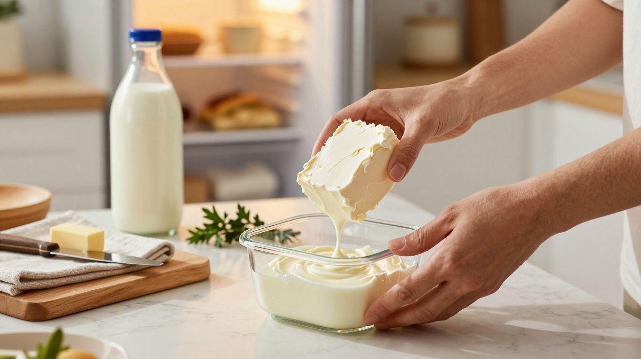 Person füllt eine Schüssel mit Buttercreme, im Hintergrund ein geöffneter Kühlschrank und eine Milchflasche auf dem Tisch.