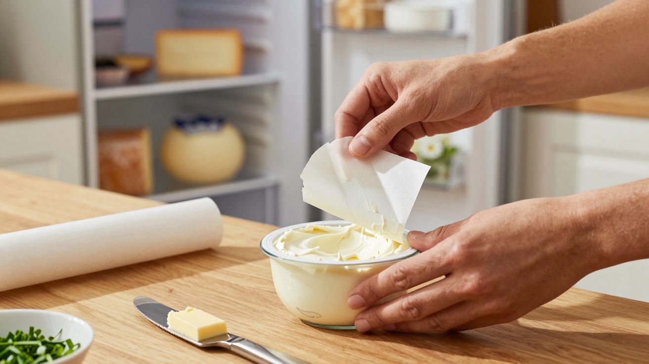 Hände entfernen Papier von einer Schüssel Buttercreme auf einer Küchentheke, im Hintergrund ein offener Kühlschrank.