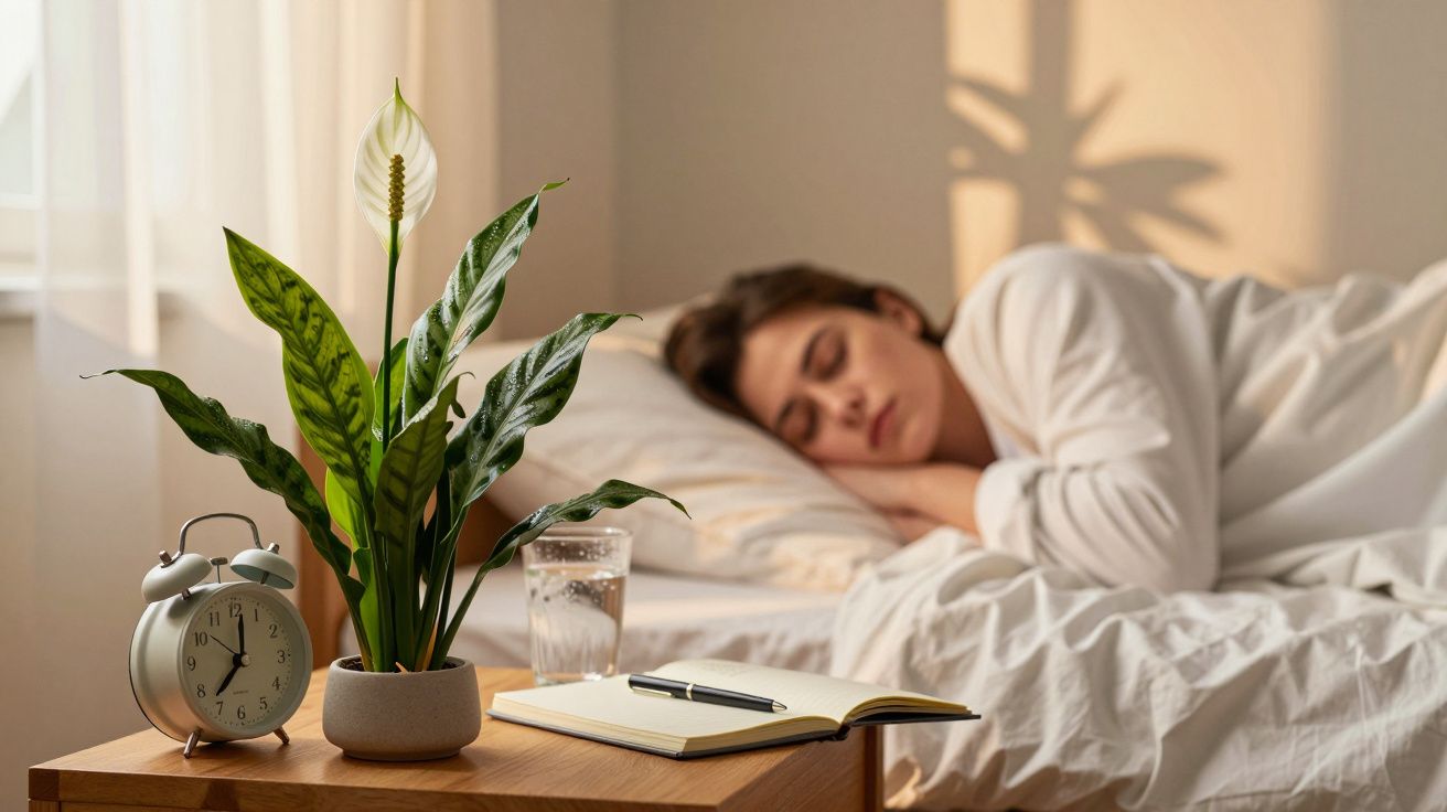 Frau schläft im Bett, Wecker, Pflanze und Notizbuch auf Nachttisch im Sonnenlicht.