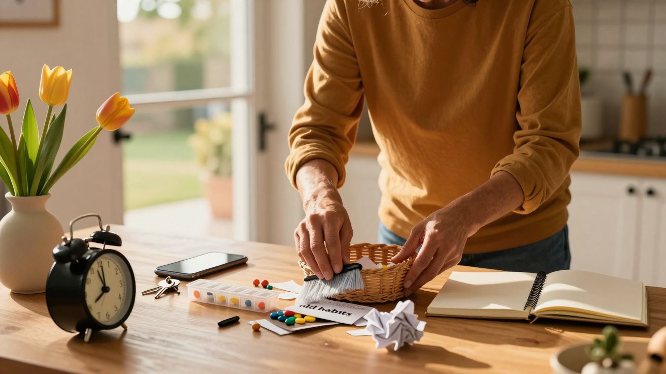 Person ordnet Gegenstände auf einem Tisch, darunter ein Wecker, Notizbuch, Blumen, und ein Korb in einer hellen Küche.