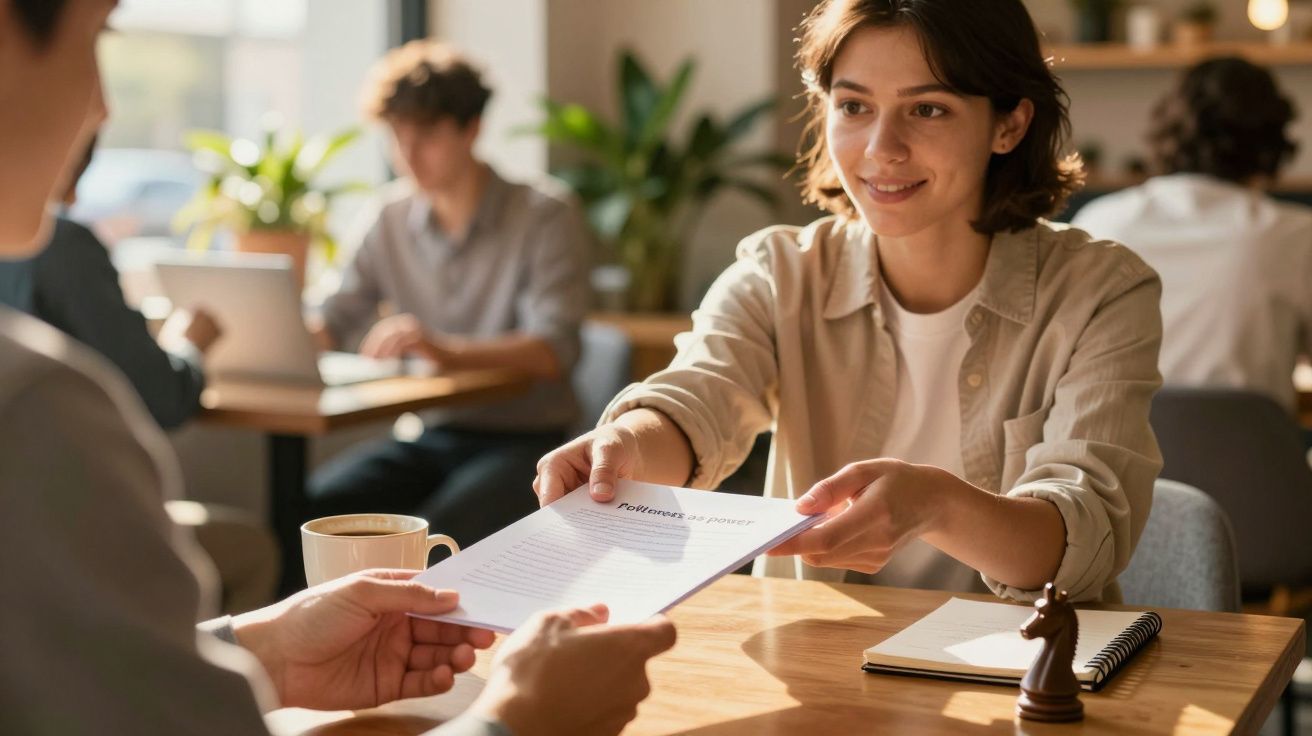 Person überreicht Dokument in Café, andere arbeiten im Hintergrund an Laptops.