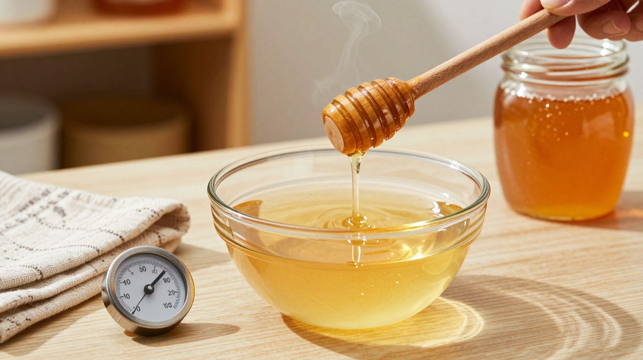 Glasschüssel mit Honig und Dip, daneben ein Thermometer auf Tisch, im Hintergrund ein Honigglas und ein Handtuch.