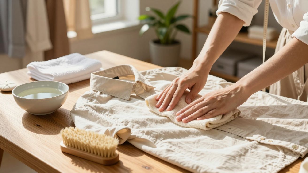 Person bügelt ein Hemd auf einem Holztisch mit Lappen, Bürste und Schüssel.