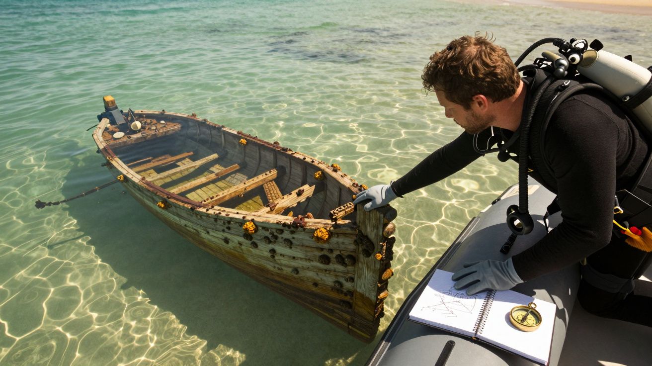 Taucher in Taucheranzug untersucht ein unter Wasser schwebendes altes Holzboot in klarem, seichtem Meerwasser.