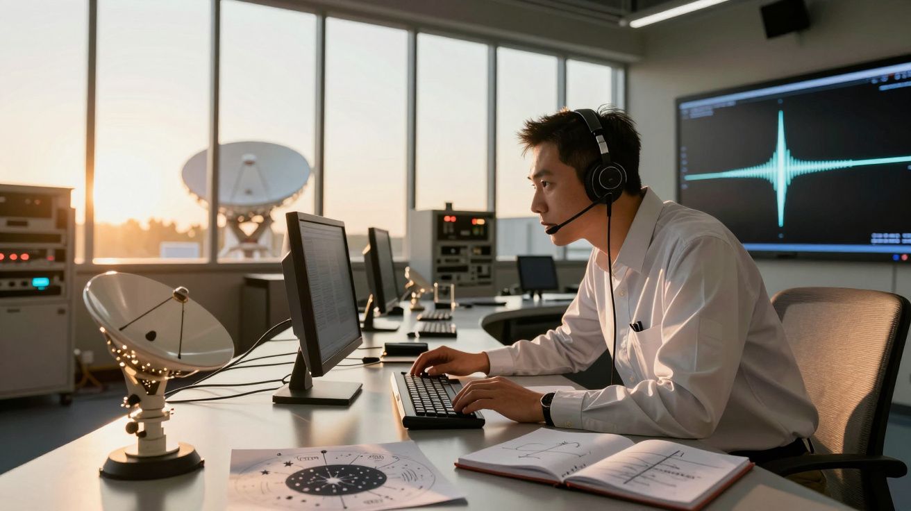 Mann mit Headset arbeitet an einem Computer in einem modernen Kontrollraum, im Hintergrund Displays und Parabolantennen.
