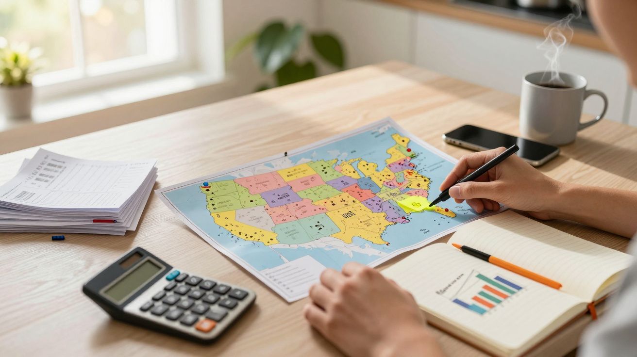 Person markiert Staaten auf USA-Karte am Tisch, mit Taschenrechner, Notizbuch und Tee.