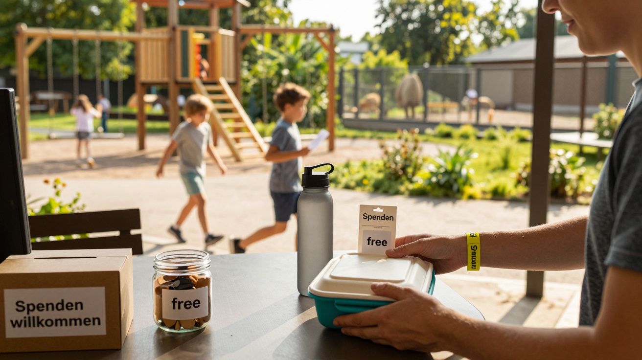 Ein Tisch mit Spendenbox, Brotdose und Getränke vor einem Spielplatz mit Kindern im Hintergrund.