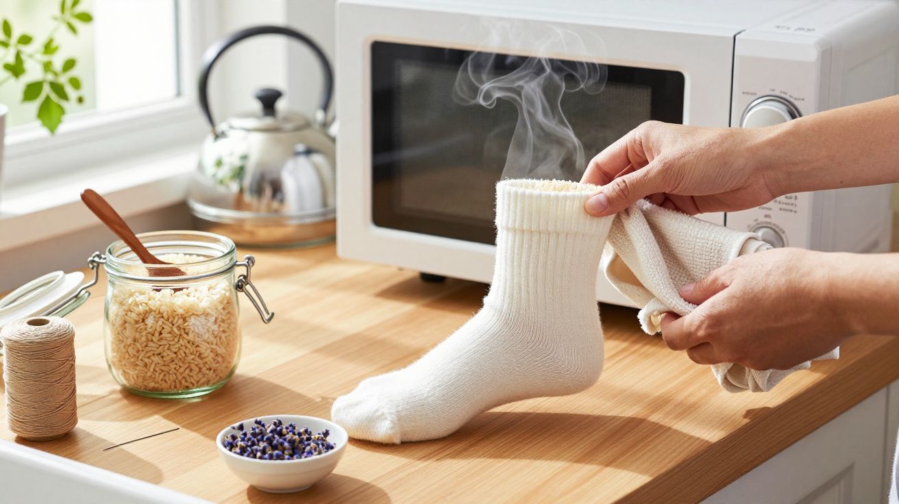 Person hält dampfende Socke in Küche neben Mikrowelle, Glas mit Reis und Schale mit Lavendel.