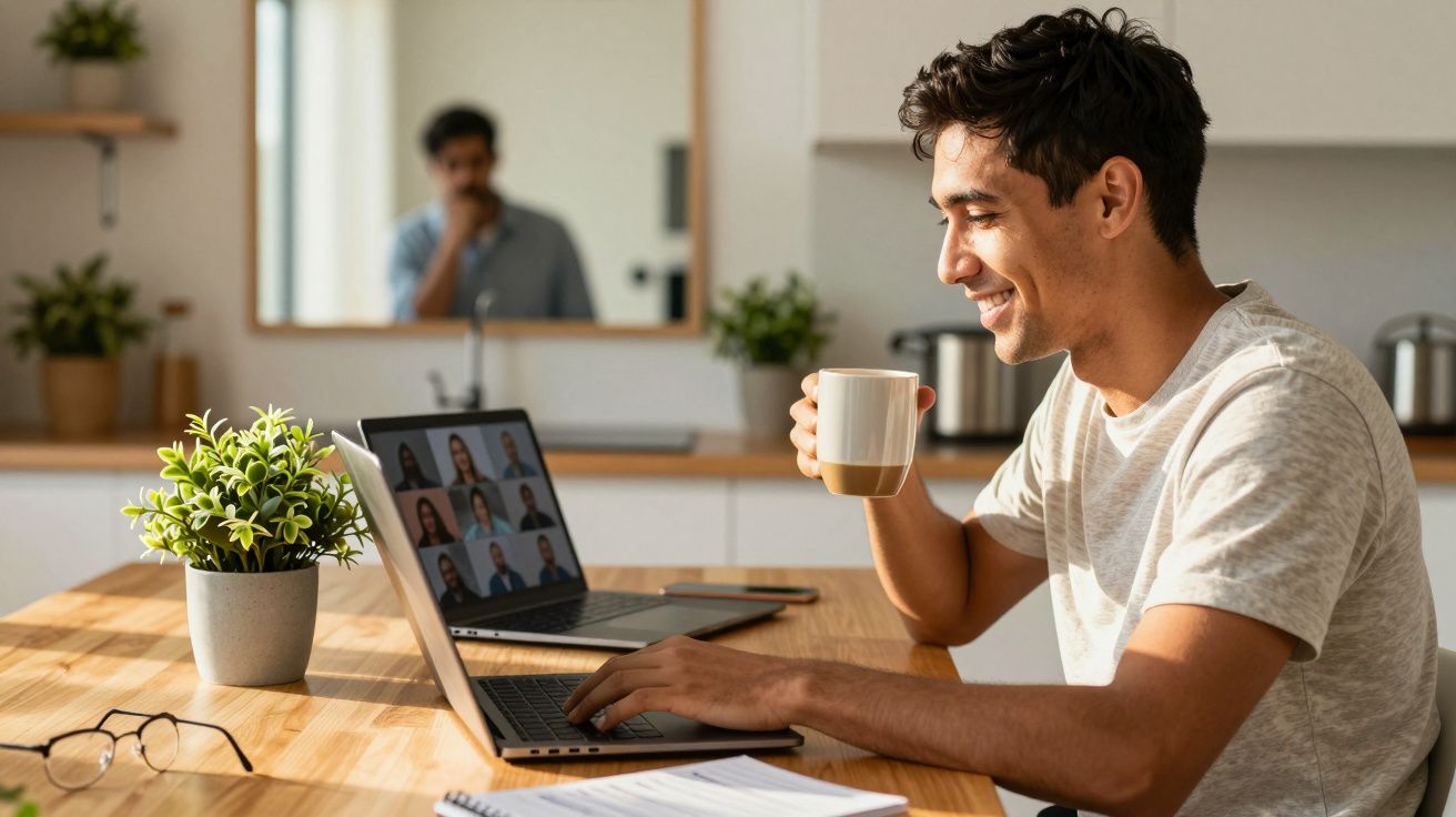 Mann im Homeoffice, trinkt Kaffee und lächelt während eines Videocalls am Laptop, mit Pflanze im Vordergrund.