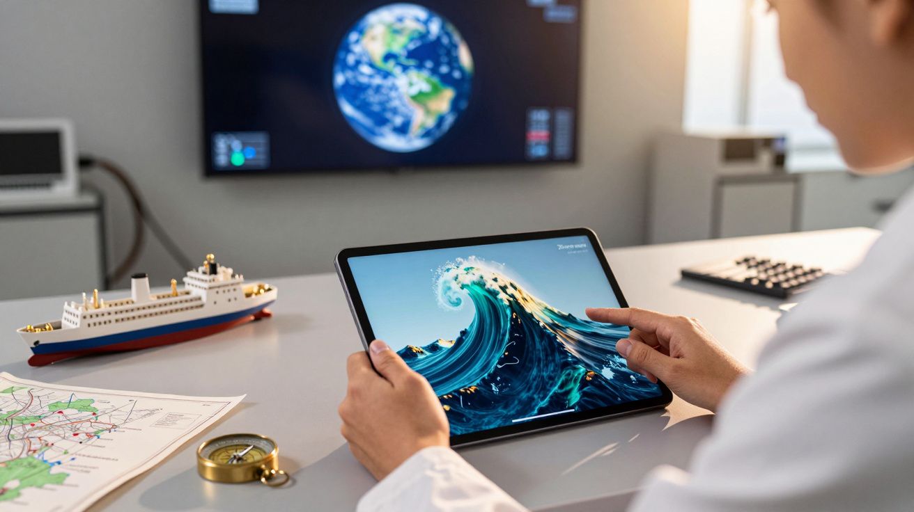 Person nutzt ein Tablet mit Wellenbild, Modellschiff, Kompass und Landkarte auf Tisch, Globus auf Bildschirm.
