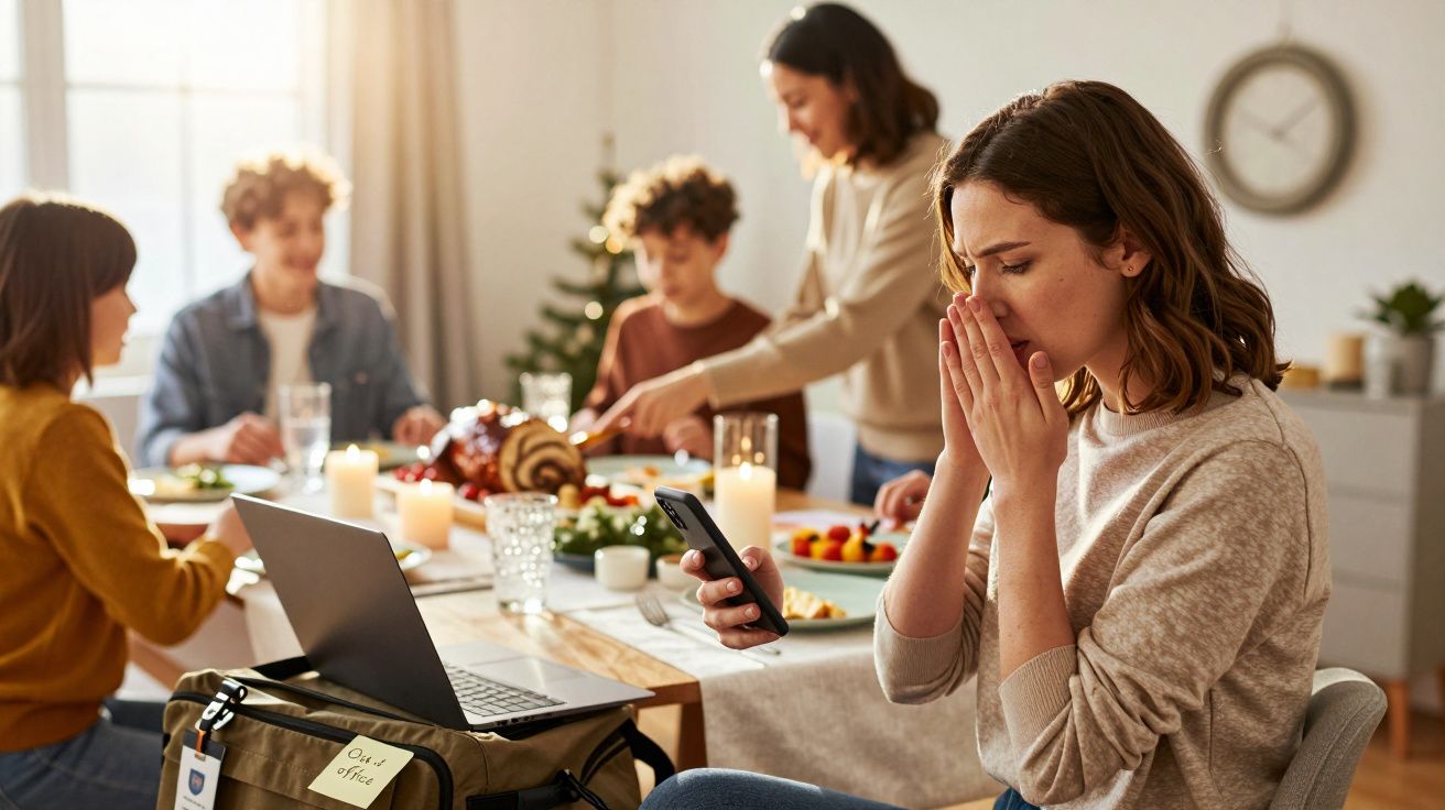 Eine Frau schaut besorgt auf ihr Handy, während im Hintergrund eine Familie am Tisch sitzt.