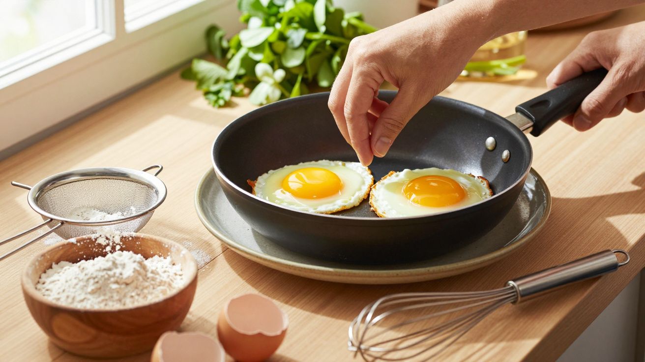 Hand brät zwei Spiegeleier in einer Pfanne auf Holztisch mit Zutaten und Küchengeräten im Sonnenlicht.