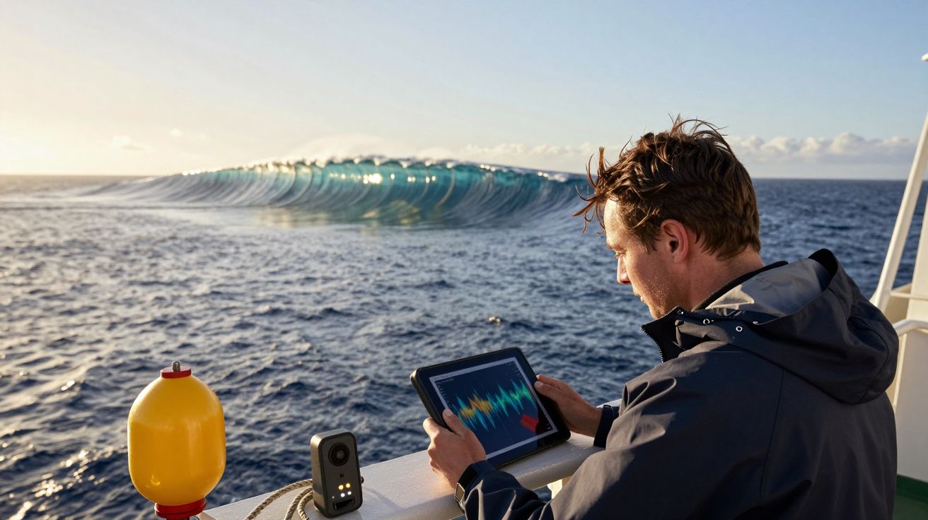 Ein Mann auf einem Boot nutzt ein Tablet, um Daten zu analysieren, während eine riesige Welle sich im Hintergrund erhebt.